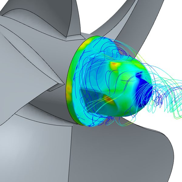 CFD streamlines and pressure on a propeller hub