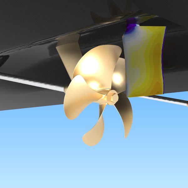 3D model of a twin-screw stern with propellers, shafts and rudders