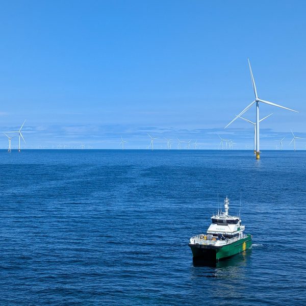 Crew transfer vessel at an offshore wind farm